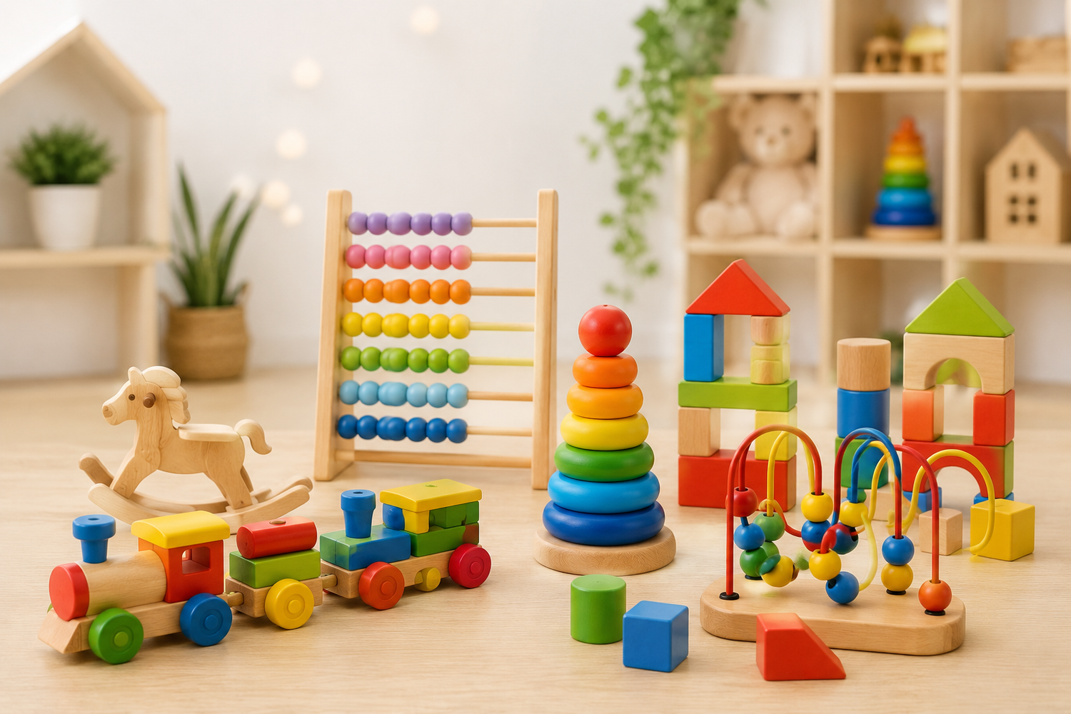 Jouets colorés pour enfants dans une salle de jeux, avec jeux en bois, cubes, train, xylophone et jouets éducatifs.