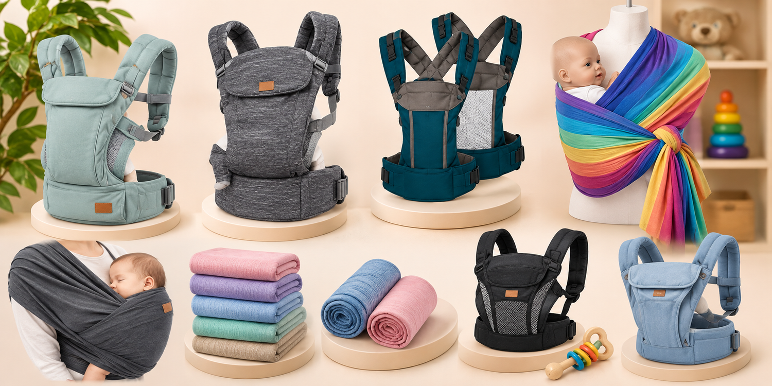 Porte-bébés et écharpes de portage colorés pour bébé, présentés dans une collection élégante avec différents modèles ergonomiques et accessoires de puériculture.