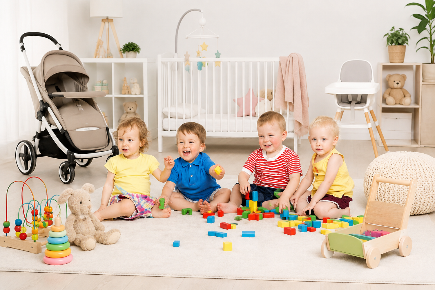 Quatre enfants jouent avec des jouets colorés dans une chambre bébé, entourés d’une poussette, d’un berceau, d’une chaise haute et de différents accessoires pour bébés et enfants.
