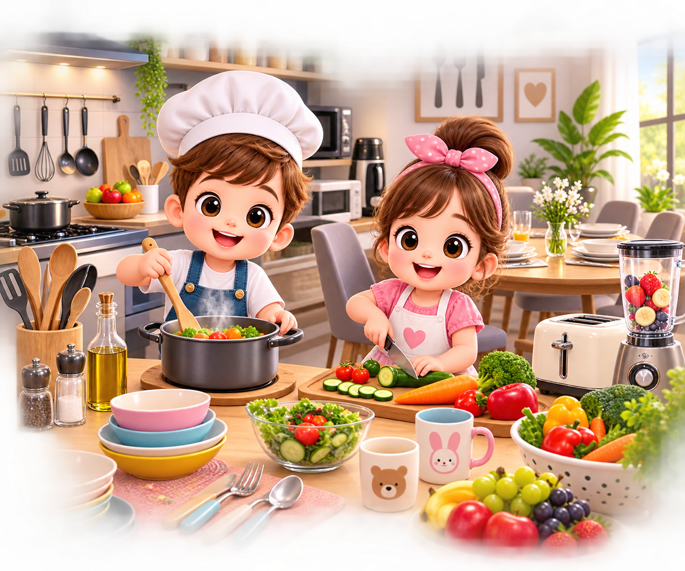 Deux enfants cuisinent ensemble dans une cuisine moderne et colorée, entourés d’ustensiles, de vaisselle, de fruits et de légumes frais, avec un espace salle à manger à l’arrière-plan.