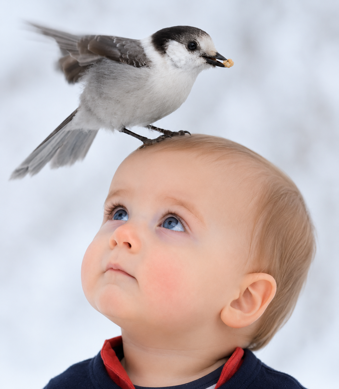 Bébé regardant un petit oiseau posé sur sa tête dans un décor hivernal enneigé, avec une ambiance douce et naturelle.