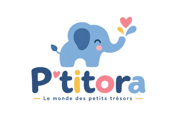 Logo P’titora avec un éléphant bleu souriant, des cœurs colorés et le slogan « Le monde des petits trésors »